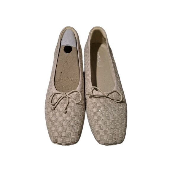 Vivaia 38.5, Us 7.5 Square Toe Bow Ballet Margot Beige Woven Preppy Flats Shoes - Picture 2 of 9